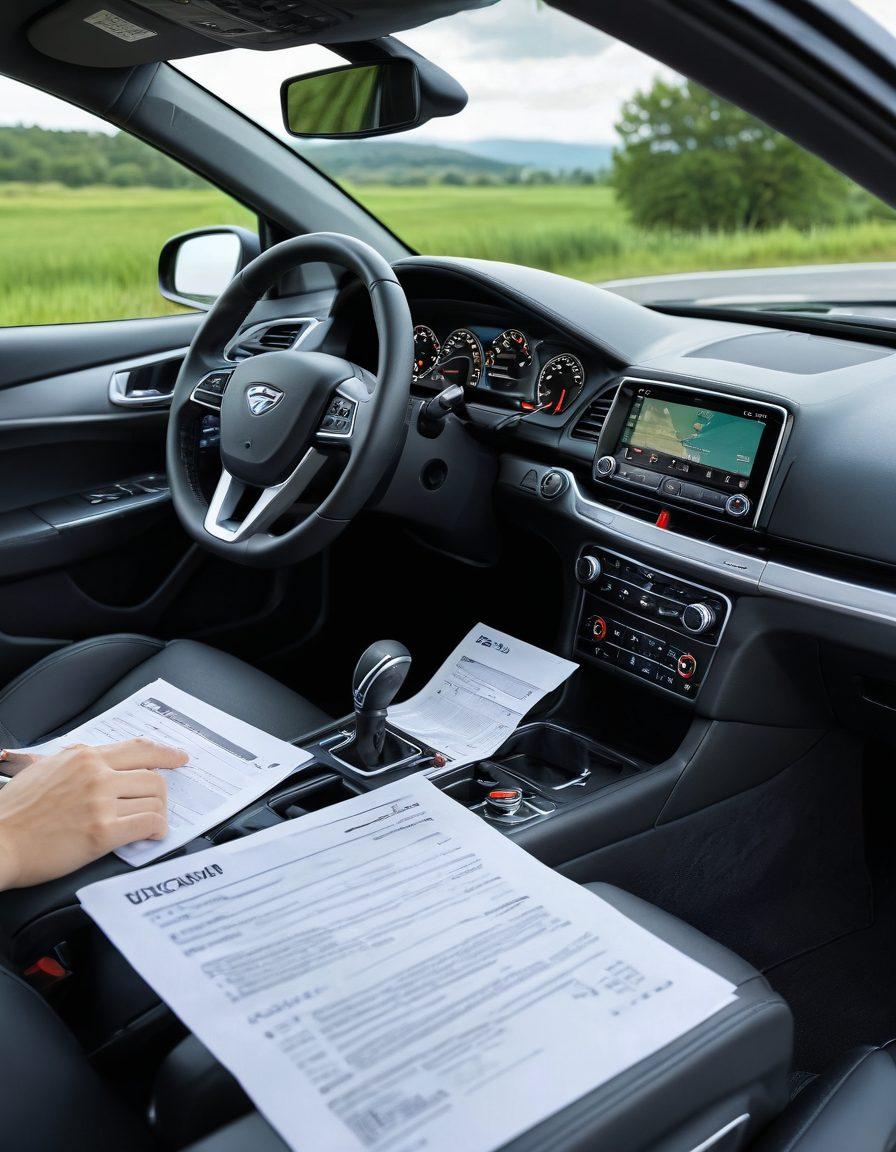 A stylish dashboard view of a car with an open insurance policy document on the passenger seat, accompanied by a calculator and a smartphone displaying coverage options. In the background, a scenic road winding through a lush landscape, symbolizing the journey of understanding car insurance. Bright and inviting colors to create a friendly atmosphere. super-realistic. vibrant colors. 3D.